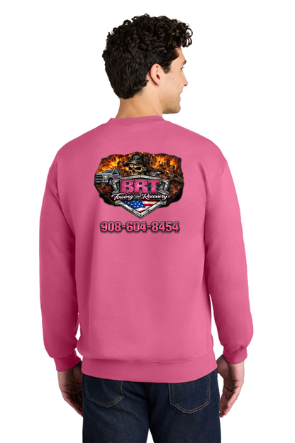 Person wearing a pink sweatshirt with a logo and text on the back, on a white background. BRT Towing and Recovery, Paper Street Print Co, Blairstown, NJ.