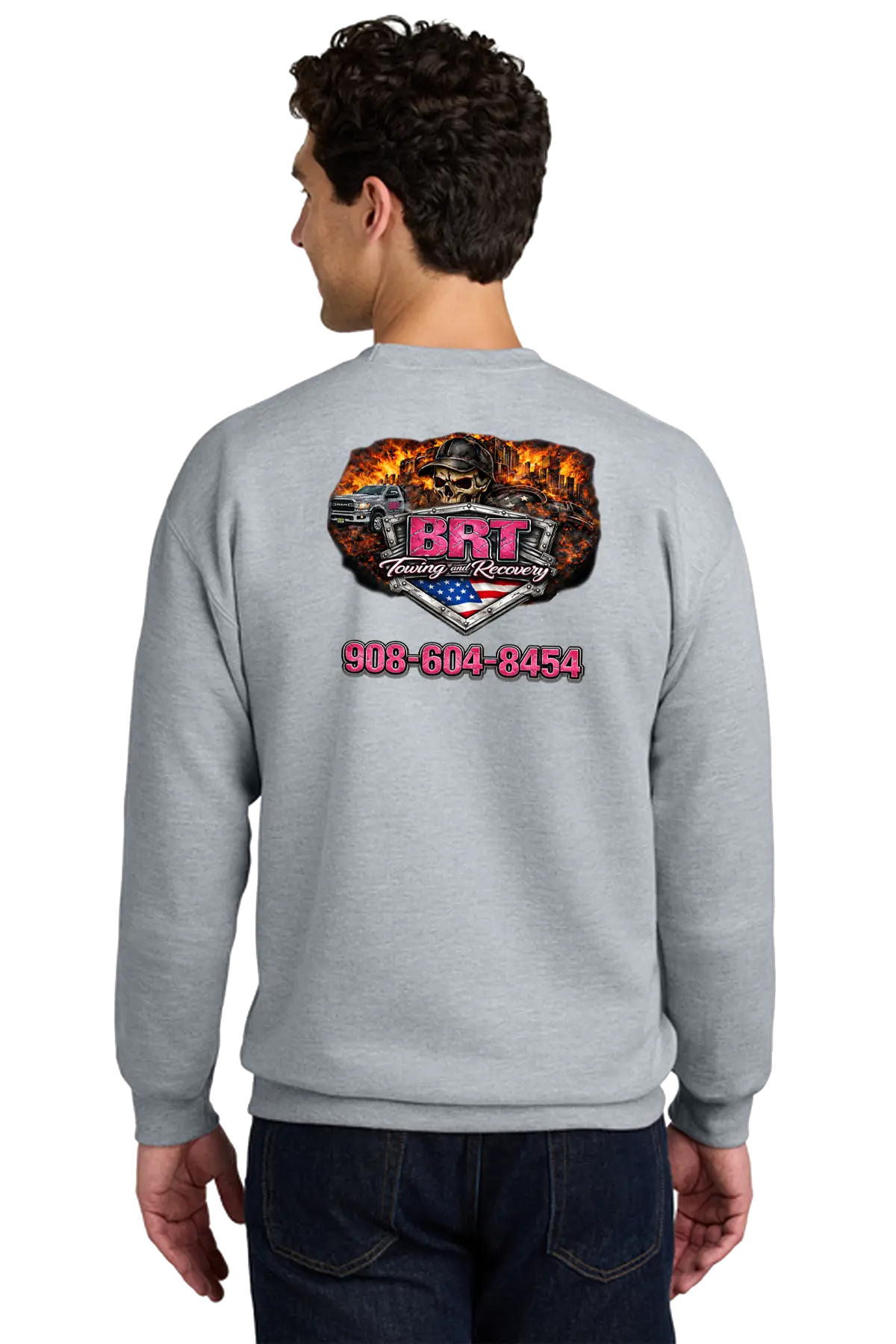 Person wearing a gray sweatshirt with a colorful graphic and text on the back. BRT Towing and Recovery, Paper Street Print Co, Blairstown, NJ.