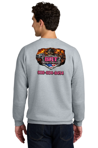 Person wearing a gray sweatshirt with a colorful graphic and text on the back. BRT Towing and Recovery, Paper Street Print Co, Blairstown, NJ.