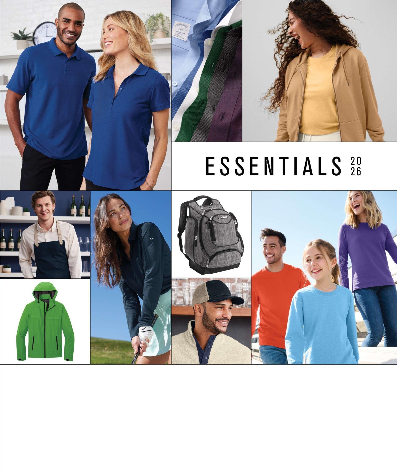 SanMar / Paper Street Print Co, Blairstown, NJ online apparel catalog. Collage of people wearing various clothing items with 'ESSENTIALS 2026' text.