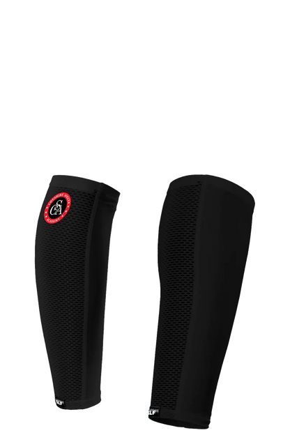 Pair of black compression sleeves with a logo on a white background. Paper Street Print Co, Blairstown, NJ.