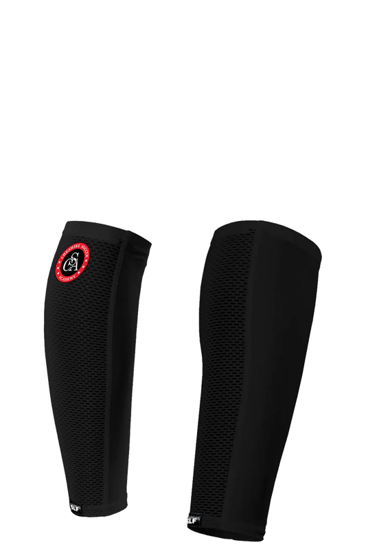 Pair of black compression sleeves with a logo on a white background. Paper Street Print Co, Blairstown, NJ.
