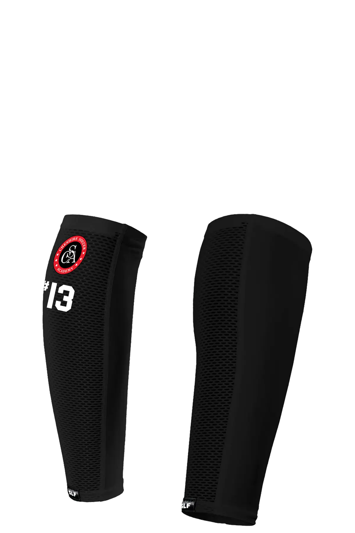Black shin guards with a logo and number on a white background. Paper Street Print Co, Blairstown, NJ.