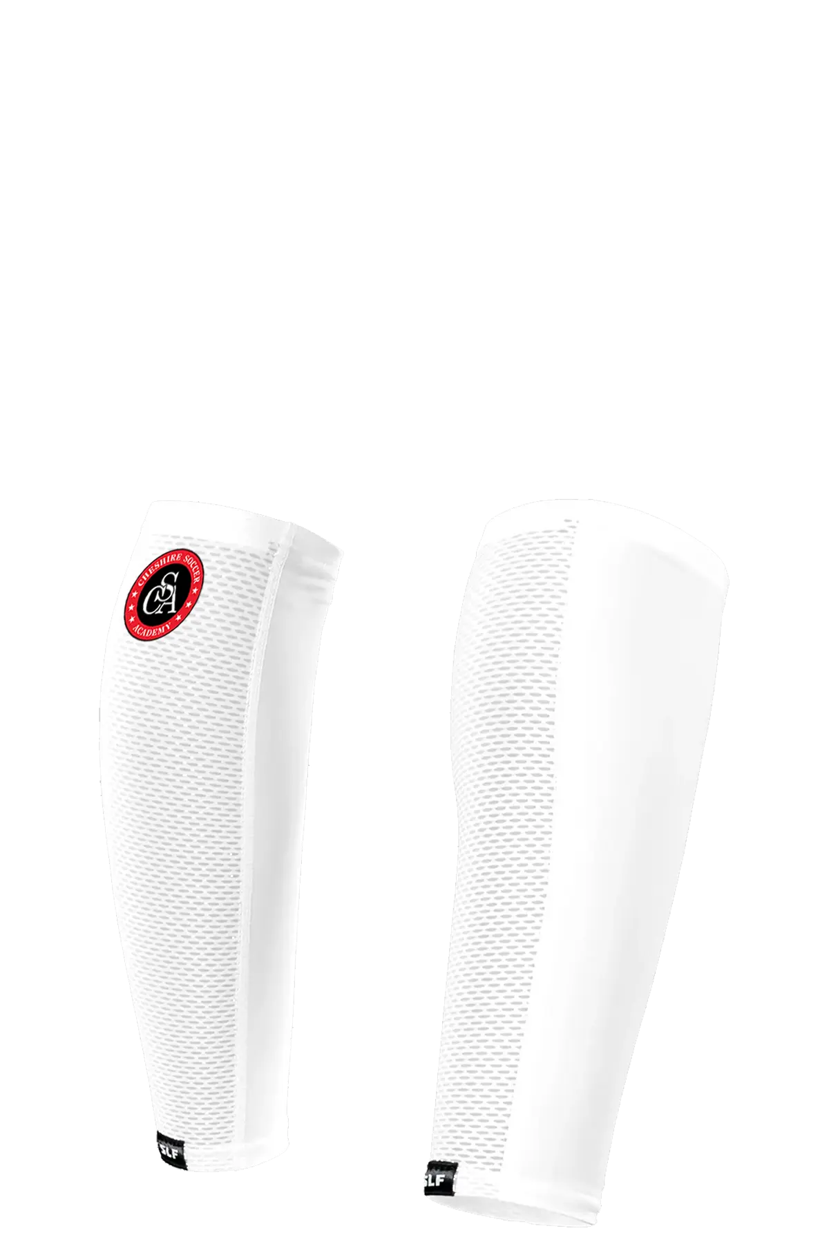 White knee sleeves with a red and black logo on a white background. Paper Street Print Co, Blairstown, NJ.