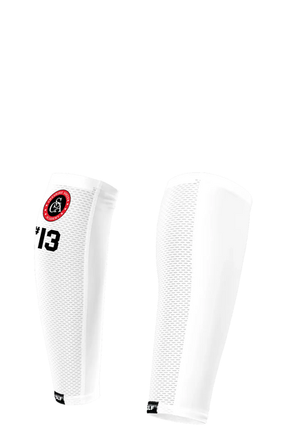 White knee sleeves with a red logo and number '13' on a white background. Paper Street Print Co, Blairstown, NJ.